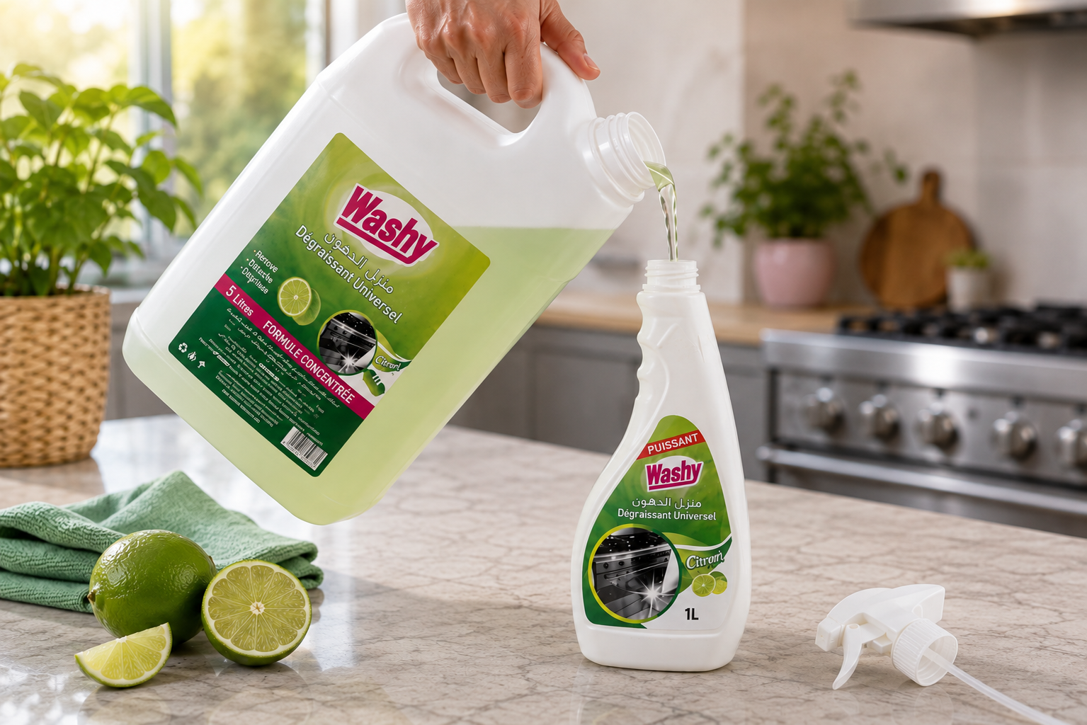 Recharge Washy — versement du bidon 5 L dans le flacon 750 ml