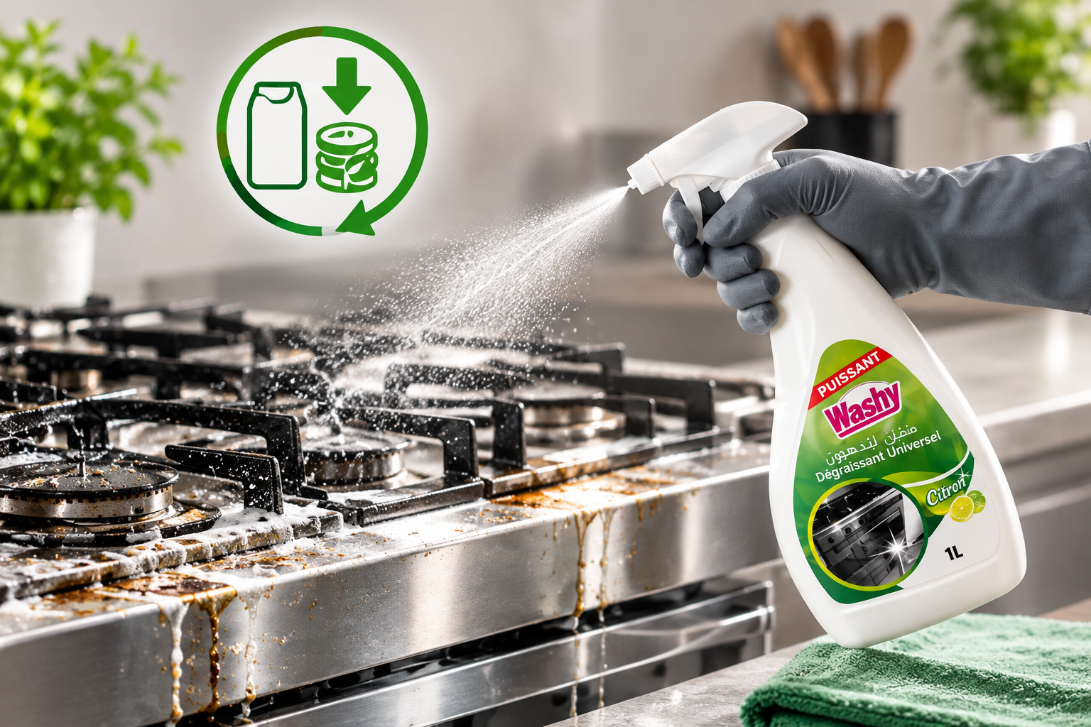 Flacon 750 ml Washy — réutilisation sur une surface de cuisine