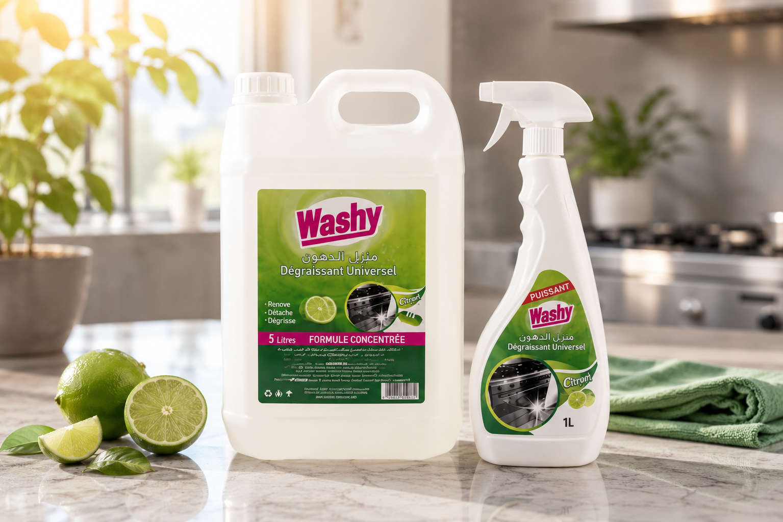 Duo dégraissant Washy — bidon 5 L et flacon 750 ml